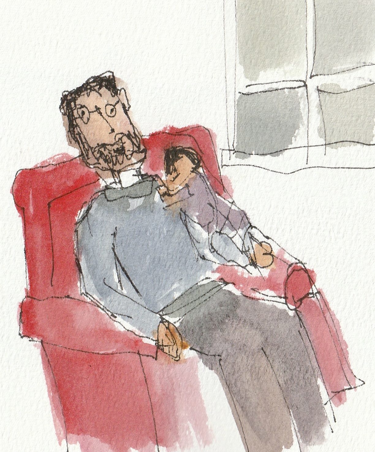 A baby asleep on Henry's shoulder.