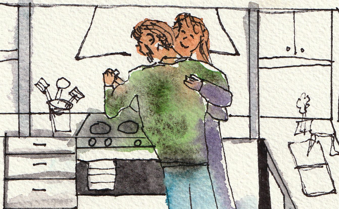 Slow dancing, dishes unfinished.